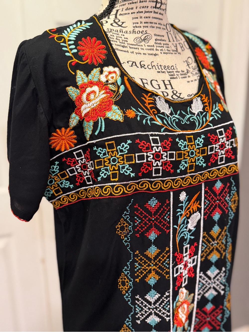 Bohemian Black hand Embroidered Maxi Dress with Floral Motif